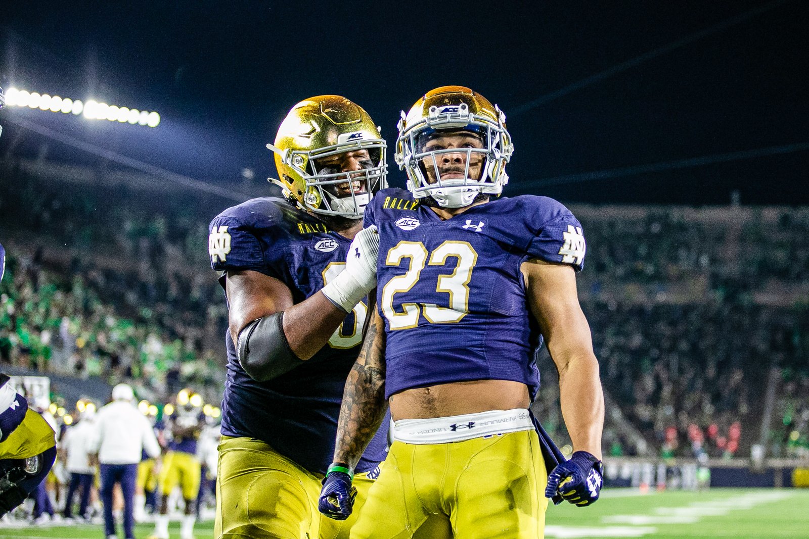 Notre Dame's Kyren Williams looks to the crowd after he scores in No. 4 Notre Dame and No. 1 Clemson inside Notre Dame Stadium.