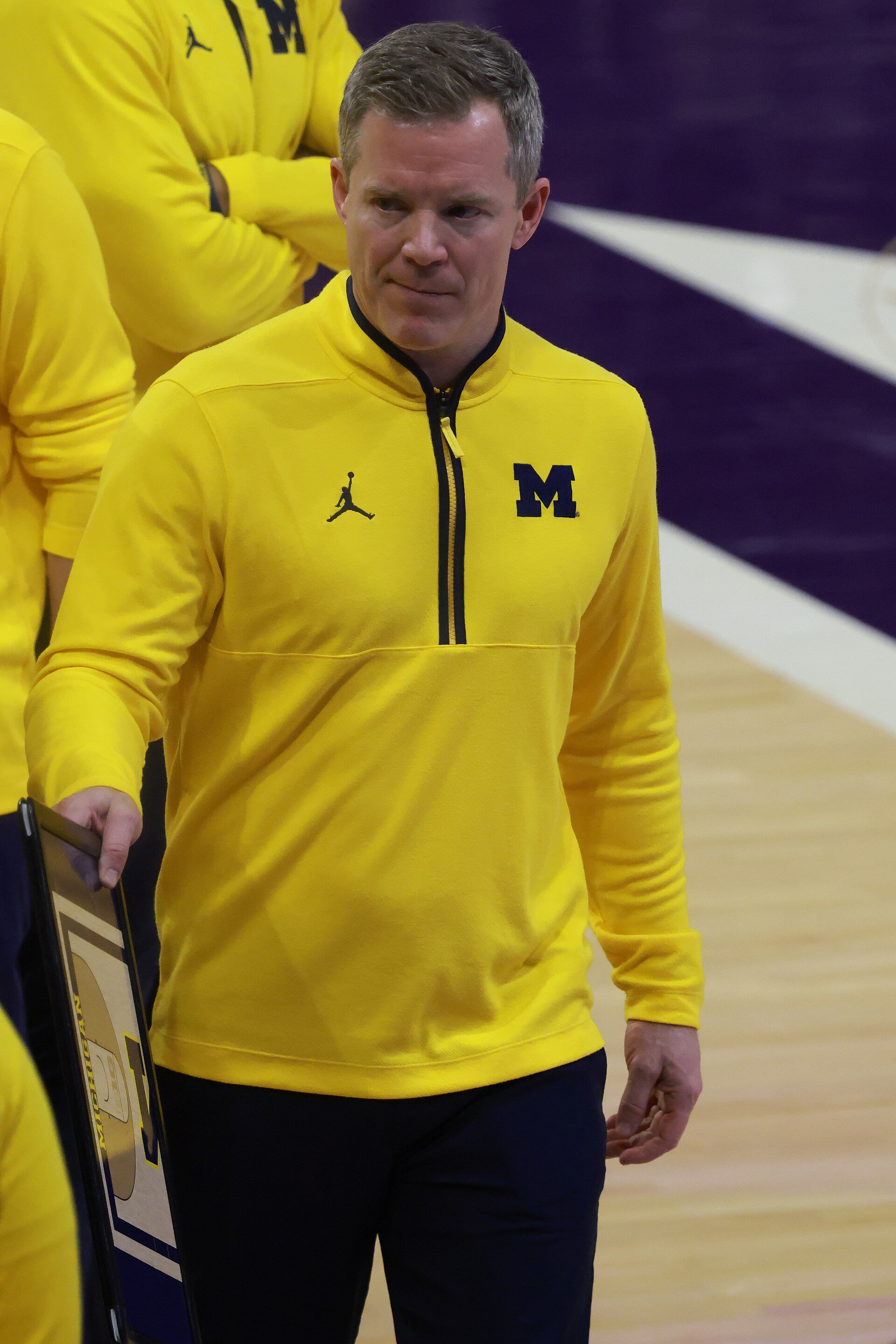 w:Dusty May during the February 11, 2026 game between the w:2025–26 Michigan Wolverines men's basketball team and the w:2025–26 Northwestern Wildcats men's basketball team at w:Welsh–Ryan Arena returning to sideline after a timeout