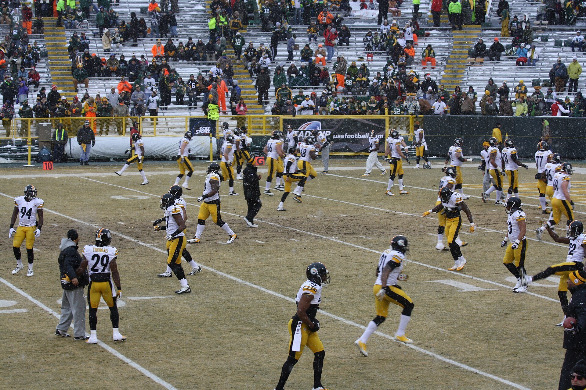 Pittsburgh Steelers players warming up before their game at the Green Bay Packers at Lambeau Field . This file was uploaded with Commonist .