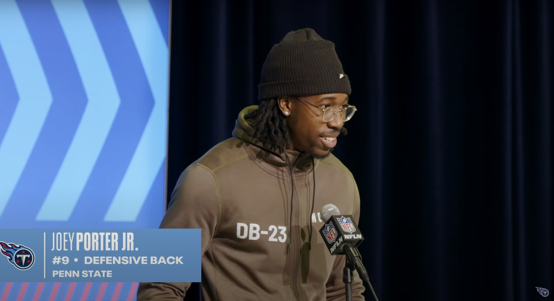 Joey Porter Jr. talks to reporters at the 2023 NFL Combine