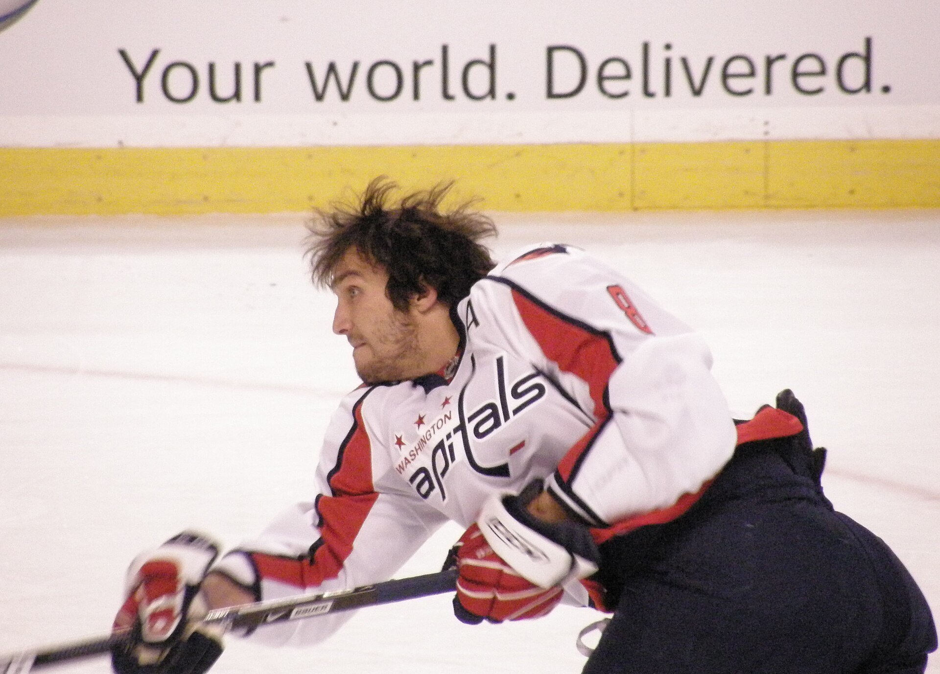 8 Alexander Ovechkin practicing one-timers during the warmups