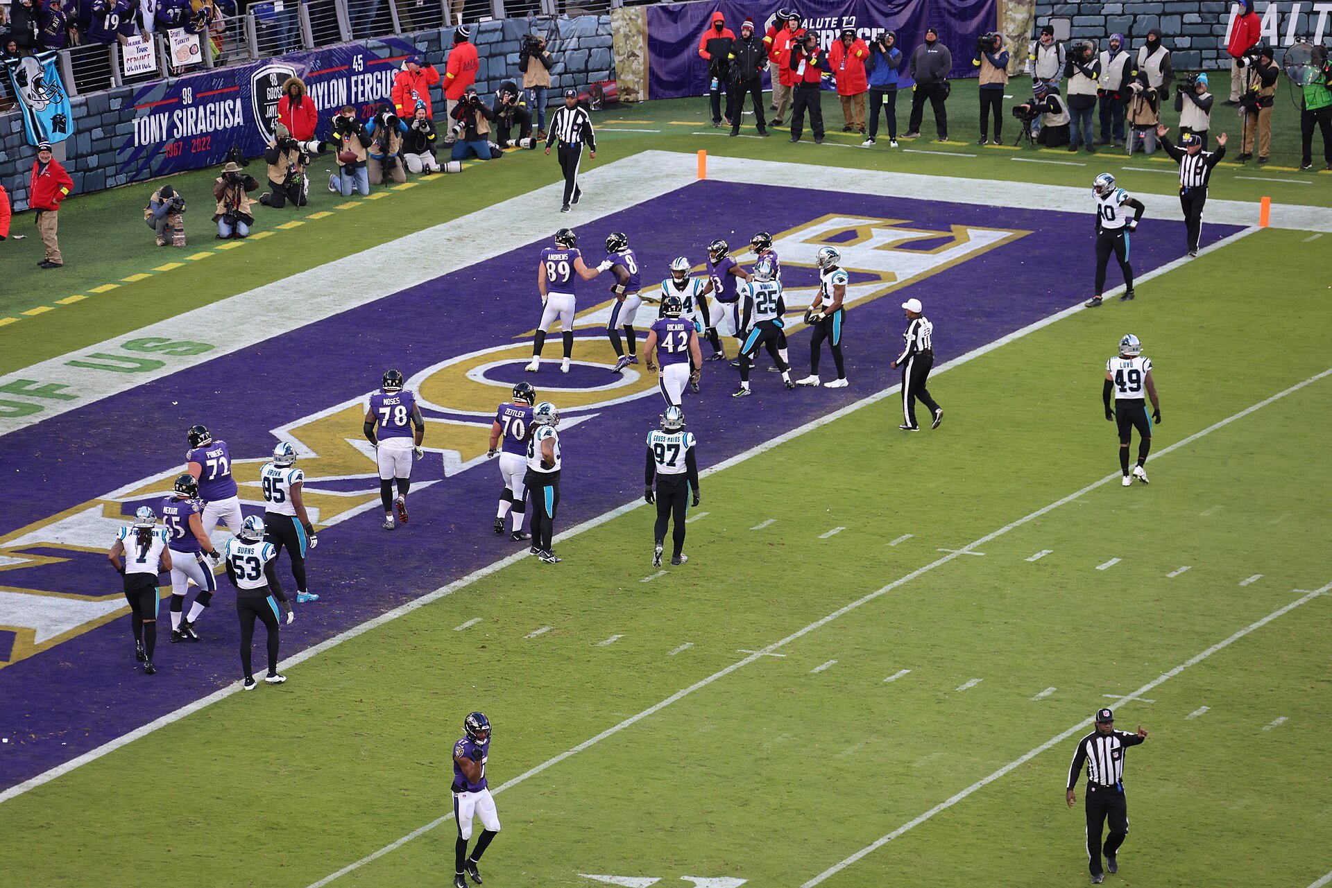 Baltimore Ravens quarterback, Lamar Jackson, rushes in the endzone for a touchdown against the Carolina Panthers in a game at M&T Bank Stadium November 20, 2022.