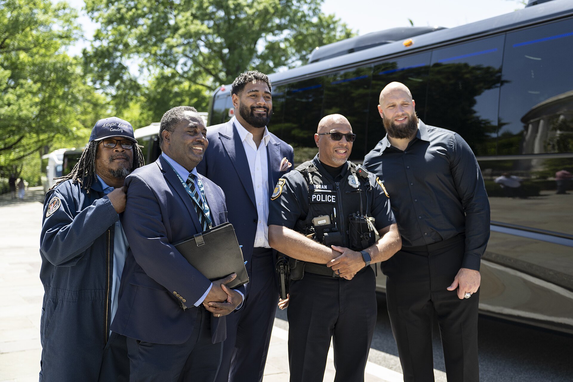 Offensive linemen, Jordan Mailata and Lane Johnson, during the Philadelphia Eagles visit Arlington National Cemetery, Arlington, Virginia, Monday, April 28, 2025. (U.S. Army photo by Elizabeth Fraser / Arlington National Cemetery)