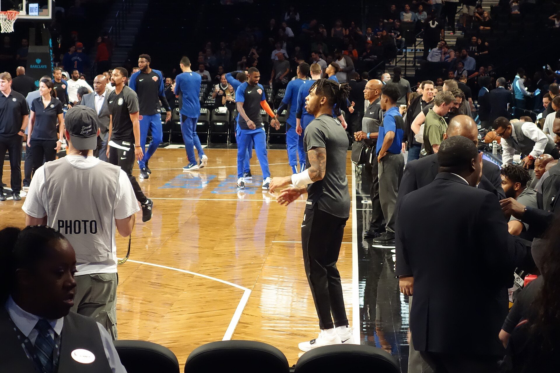 Brooklyn Nets guard D'Angelo Russell warming up prior to the NBA Preseason game between the Brooklyn Nets and the New York Knicks at the Barclays Center on October 3, 2018.