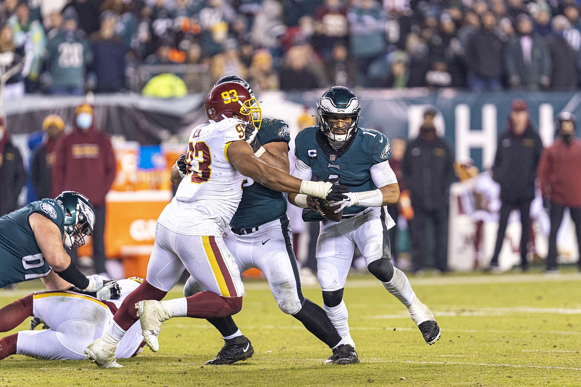 Jalen Hurts of the Philadelphia Eagles playing in a game against the WFT