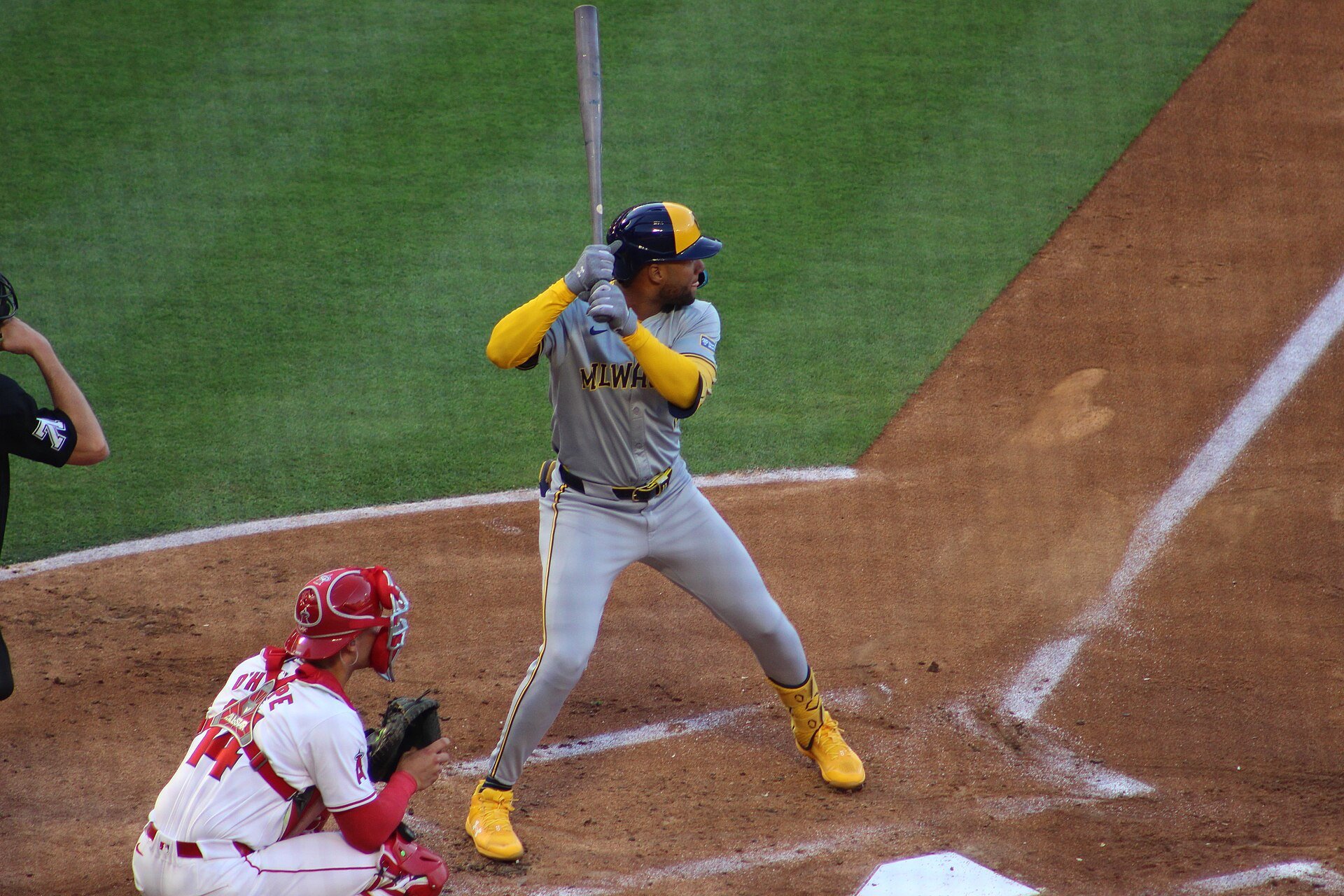 Jackson Chourio in the batter's box in Anaheim.